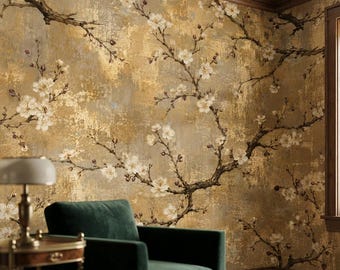 Golden Chinoiserie Wallpaper, White Blossom Floral Branches, Vintage Botanical Peel and Stick Wall Mural
