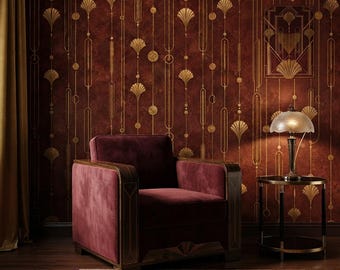 Puede incluir: Un sillón de terciopelo rojo intenso con reposabrazos de madera oscura se sitúa junto a una mesa redonda con una lámpara de cristal. La pared tiene papel pintado rojo oscuro con líneas doradas y motivos en abanico, y el suelo una alfombra.