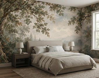 Misty Forest Wallpaper, Vintage Woodland Landscape Mural, Neutral Botanical