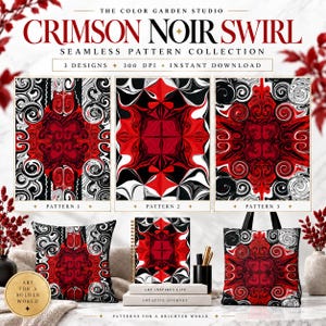 May include: A digital collection titled Crimson Noir Swirl featuring three seamless patterns in red, black, and white. The display includes a square throw pillow, a spiral-bound notebook, and a tote bag, all showcasing these abstract swirl designs.