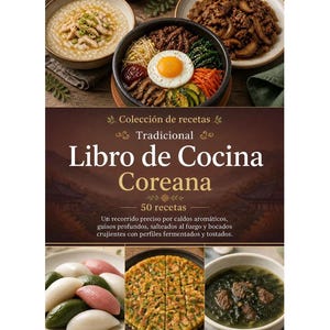 May include: A cookbook titled "Libro de Cocina Coreana" featuring 50 recipes. The cover displays a central bowl of bibimbap with a fried egg, surrounded by smaller images of rice cakes, a savoury pancake, and seaweed soup on a dark background.