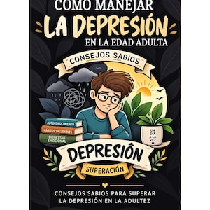 Peut inclure: Une couverture de livre intitulée CÓMO MANEJAR LA DEPRESIÓN EN LA EDAD ADULTA montrant une personne à lunettes appuyée sur sa main. L'illustration comprend une pile de livres, une plante en pot avec le texte UN DÍA A LA VEZ et un soleil.