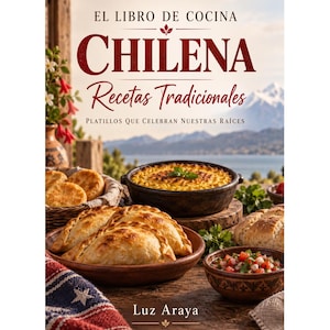 Op de afbeelding: Een kookboek getiteld EL LIBRO DE COCINA CHILENA Recetas Tradicionales Platillos Que Celebran Nuestras Raíces door Luz Araya. De cover toont een assortiment Chileense gerechten waaronder empanada's, een maisschotel en salsa.