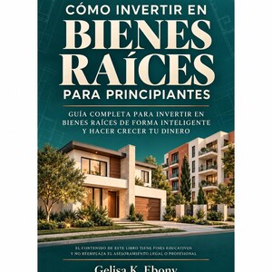 May include: A book titled CÓMO INVERTIR EN BIENES RAÍCES PARA PRINCIPIANTES by Gelisa K. Ebony. The cover features a dark teal background with white text and an illustration of a modern house and apartment building under a clear blue sky.