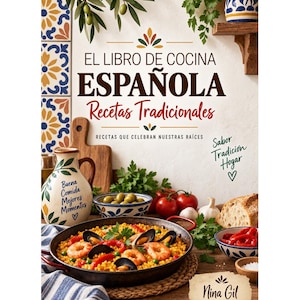 May include: A cookbook titled El Libro de Cocina Española Recetas Tradicionales featuring a cover image of a paella pan with seafood, a ceramic pitcher with the text Buena Comida Mejores Momentos, fresh tomatoes, olives, and bread on a wooden table.