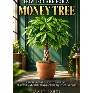 Op de afbeelding: Een boek getiteld HOW TO CARE FOR A MONEY TREE door Janet Johns. De kaft toont een Pachira aquatica plant met een gevlochten stam in een terracotta pot, met de ondertitel A PROFESSIONAL GUIDE TO GROWING, BRAIDING, AND SUSTAINING PACHIRA AQUATICA INDOORS.