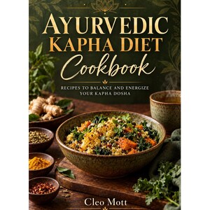May include: A cookbook titled Ayurvedic Kapha Diet Cookbook by Cleo Mott. The cover features a dark green background with gold text and a central image of a bowl filled with a vegetable and grain dish, surrounded by small bowls of spices.