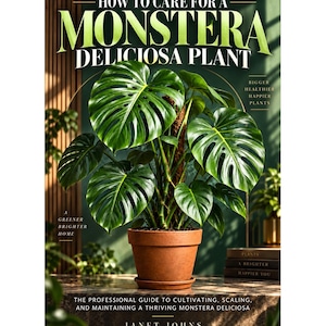 Op de afbeelding: Een boek getiteld How to Care for a Monstera Deliciosa Plant door Janet Johns. De kaft toont een grote groene Monstera-plant in een terracotta pot, met de tekst The Professional Guide to Cultivating, Scaling, and Maintaining a Thriving Monstera Deliciosa.