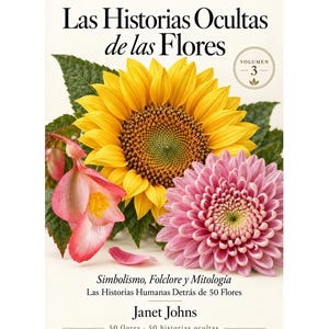 May include: A book titled Las Historias Ocultas de las Flores, Volumen 3, by Janet Johns. The cover features a large yellow sunflower, a pink chrysanthemum, and a pink begonia flower against a white background with black text throughout.