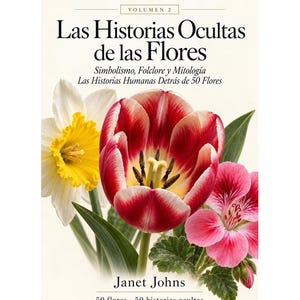 May include: A book titled Las Historias Ocultas de las Flores Volumen 2 by Janet Johns. The cover features a white daffodil, a red and white tulip, and a pink geranium. The text includes Flores, Cultura, Historia, Significado, and 50 flores.