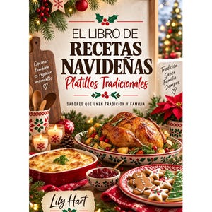 Könnte beinhalten: Ein Kochbuch mit dem Titel EL LIBRO DE RECETAS NAVIDEÑAS Platillos Tradicionales von Lily Hart. Das Cover zeigt ein gebratenes Huhn, einen Auflauf, Lebkuchenplätzchen und weihnachtliche Dekorationen mit roten Kugeln und Tannengrün.