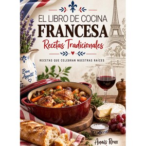 Könnte beinhalten: Ein Kochbuch mit dem Titel EL LIBRO DE COCINA FRANCESA Recetas Tradicionales RECETAS QUE CELEBRAN NUESTRAS RAÍCES von Anaïs Roux. Das Cover zeigt einen roten Schmortopf mit Hähnchen, ein Baguette, Wein, Käse und Weintrauben.