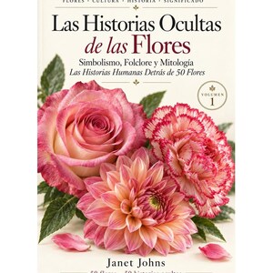 Może przedstawiać: Książka pod tytułem Las Historias Ocultas de las Flores autorstwa Janet Johns, z ilustracją na okładce przedstawiającą różową różę, różową dalię i goździk z różowymi końcówkami. Tekst zawiera Flores, Cultura, Historia, Significado oraz Volumen 1.