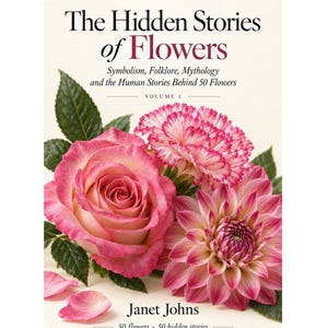 May include: A book titled The Hidden Stories of Flowers by Janet Johns, featuring the subtitle Symbolism, Folklore, Mythology and the Human Stories Behind 50 Flowers, Volume 1. The cover displays a pink rose, a pink carnation, and a pink dahlia.