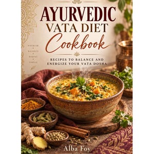 May include: A cookbook titled Ayurvedic Vata Diet Cookbook by Alba Foy. The cover features a bowl of yellow lentil stew with herbs, surrounded by ginger, cinnamon sticks, and spices. Text includes Nourish, Balance, Digest, Thrive, and recipes.