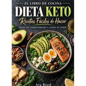 May include: A cookbook titled EL LIBRO DE COCINA DIETA KETO Recetas Fáciles de Hacer by Ava Reed. The cover features a bowl of salad with salmon, sliced avocado, boiled eggs, olives, and feta cheese, surrounded by almonds, cheese, and lemon.