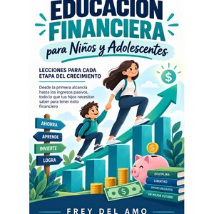 Może przedstawiać: Okładka książki zatytułowana EDUCACIÓN FINANCIERA para Niños y Adolescentes autorstwa Frey Del Amo. Przedstawia dwoje dzieci wspinających się na niebieski wykres słupkowy, różową świnkę skarbonkę, złote monety, banknot oraz znak z AHORRA, APRENDE, INVIERTE, LOGRA.