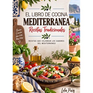 Op de afbeelding: Een kookboek getiteld El Libro de Cocina Mediterranea Recetas Tradicionales met een coverafbeelding van een verse salade met tomaten, komkommer, feta en olijven, naast citroenen, olijfolie en brood op een houten tafel.