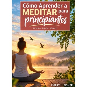 May include: A book cover titled Cómo Aprender a MEDITAR para principiantes with the subtitle RESPIRA, SUELTA, RENACE by Emery L. Fisher. The cover features a person sitting in a meditative pose on a wooden dock facing a sunrise over a lake.