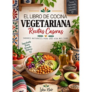 May include: A cookbook titled EL LIBRO DE COCINA VEGETARIANA Recetas Caseras by Isha Nair. The cover features a bowl of salad with chickpeas, avocado, and greens, alongside olive oil, a pepper mill, and fresh tomatoes on a wooden surface.