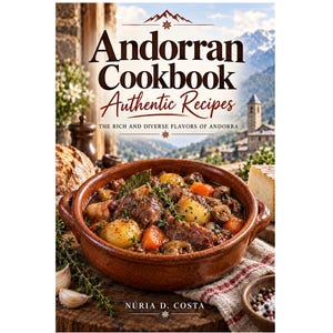 Könnte beinhalten: Ein Kochbuch mit dem Titel Andorran Cookbook Authentic Recipes The Rich and Diverse Flavors of Andorra von Núria D. Costa. Das Cover zeigt eine braune Keramikschüssel mit einem Fleisch- und Gemüseeintopf vor einer Berglandschaft.
