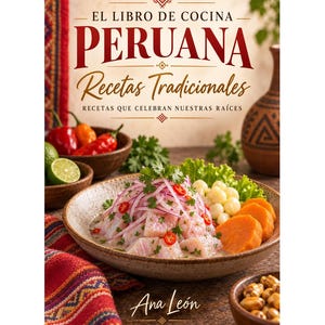 May include: A cookbook titled El Libro de Cocina Peruana Recetas Tradicionales by Ana León. The cover features a bowl of ceviche with red onion, chilli peppers, sweet potato, and corn, alongside small bowls of peppers, limes, and toasted corn.