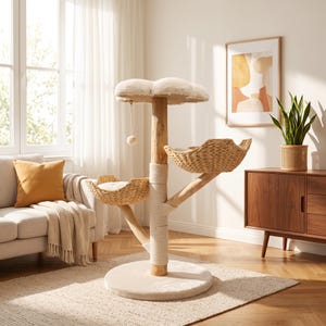 May include: A cat tree featuring a central wooden post with white rope wrapping, a circular cream-coloured base, a top platform with cream-coloured plush fabric, two woven wicker basket-style perches, and a small hanging cream-coloured ball toy.