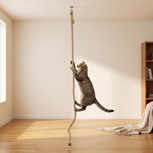 May include: A thick, natural-colored fiber rope suspended vertically from a ceiling mount. A brown tabby cat with dark stripes is actively climbing the rope, gripping it with its front and back paws while its body is positioned horizontally.