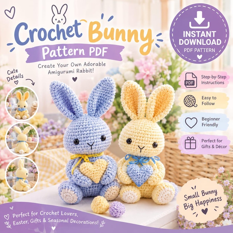 Template Rabbit Heart Easter Amigurumi Bunny Crochet Pattern, Spring Decor Toy (PDF Download ...
