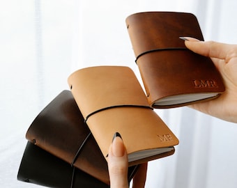 Refillable Personalized Leather Notebook / 3.5x5" Small Pocket Journal with Initials | Lined or Blank Pages - Travel Gift for Mom