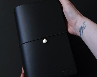 Trifold Leather Journal Cover - Black with pearl charm, other colors available | Travel Document Organizer
