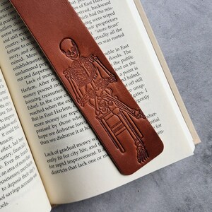 Skeleton reading a book, Custom Bookmark for book lover gift, Personalized Leather Bookmark, Bookish gifts for women with customized initial image 2