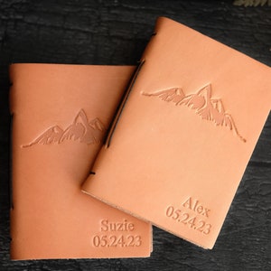 Personalized leather wedding vow books with mountains and custom name, date or initials, Engagement gifts for couples, Boho wedding theme