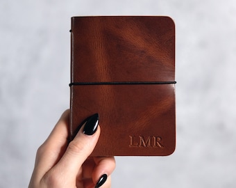 Refillable Personalized Leather Notebook / 3.5x5" Small Pocket Journal with Lined or Blank Pages - Stocking Stuffer Travel Gifts for Her