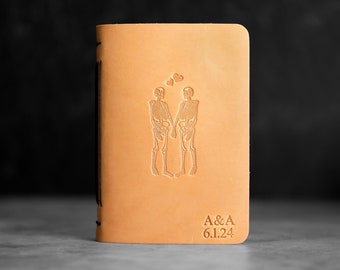 Personalized leather journal with skeletons holding hands, 3rd anniversary gift, Dark academia gothic stationery with lined or unlined pages