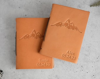 Personalized leather wedding vow books, Mountains + date, Single Book or Set of 2 - Small handmade journal, Custom engagement gifts