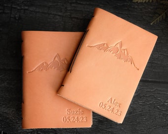 Personalized leather wedding vow books with mountains and custom name, date or initials, Engagement gifts for couples, Boho wedding theme