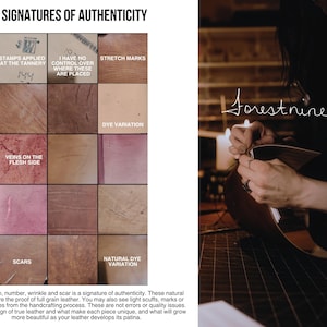 May include: A grid of twelve leather texture samples labeled Signatures of Authenticity, showing natural variations like stretch marks, dye differences, veins, and scars. Beside it, the text Forestnine appears above a dark leather craft project.