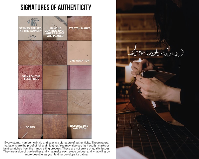 May include: A grid of twelve leather texture samples labeled Signatures of Authenticity, showing natural variations like stretch marks, dye differences, veins, and scars. Beside it, the text Forestnine appears above a dark leather craft project.