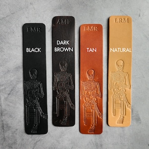 Skeleton reading a book, Custom Bookmark for book lover gift, Personalized Leather Bookmark, Bookish gifts for men with customized initial image 5