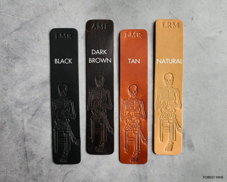 Skeleton reading a book, Custom Bookmark for book lover gift, Personalized Leather Bookmark, Bookish gifts for men with customized initial image 5