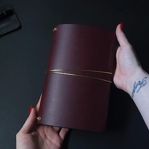 Forest Nine Trifold Leather Journal Cover - Oxblood/burgundy & Gold elastics and Grommets - ONE cover only image 3
