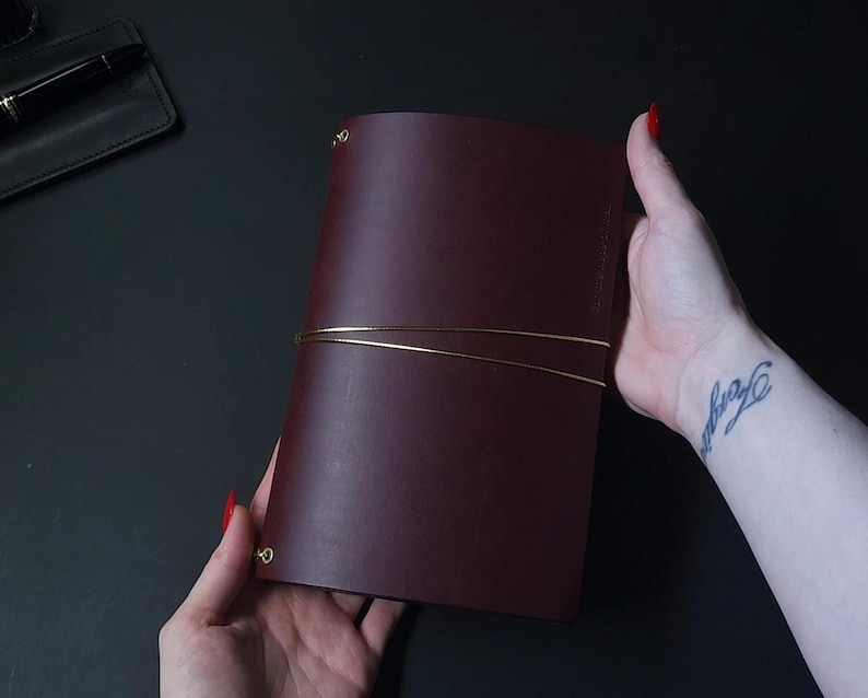 Forest Nine Trifold Leather Journal Cover - Oxblood/burgundy & Gold elastics and Grommets - ONE cover only image 3