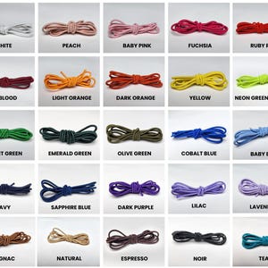 May include: A grid of colorful shoelaces in various shades, including white, peach, baby pink, fuchsia, ruby red, oxblood, light orange, dark orange, yellow, neon green/yellow, light green, emerald green, olive green, cobalt blue, baby blue, navy, sapphire blue, dark purple, lilac, lavender, cognac, natural, espresso, noir, and teal.