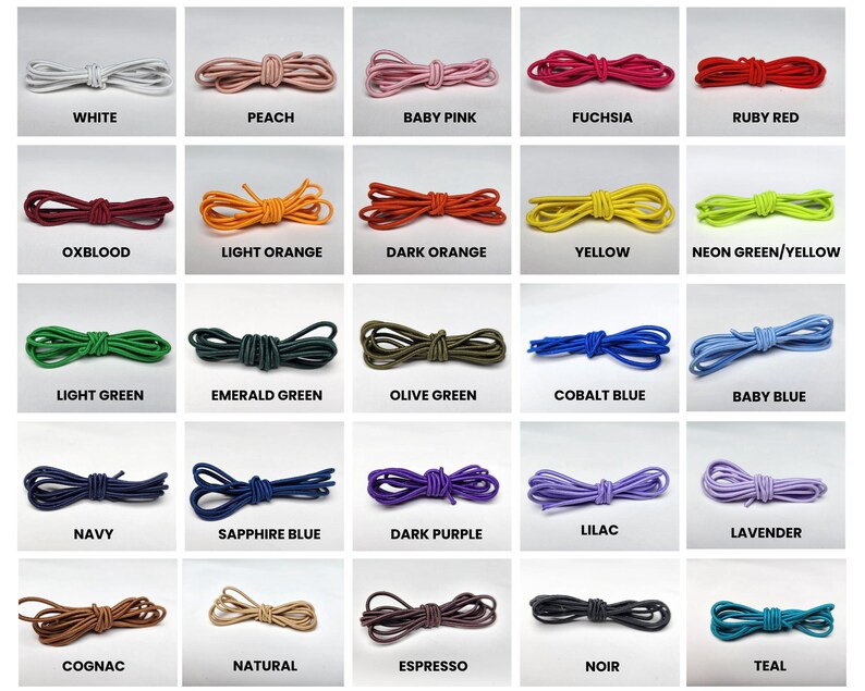 May include: A grid of colorful shoelaces in various shades, including white, peach, baby pink, fuchsia, ruby red, oxblood, light orange, dark orange, yellow, neon green/yellow, light green, emerald green, olive green, cobalt blue, baby blue, navy, sapphire blue, dark purple, lilac, lavender, cognac, natural, espresso, noir, and teal.