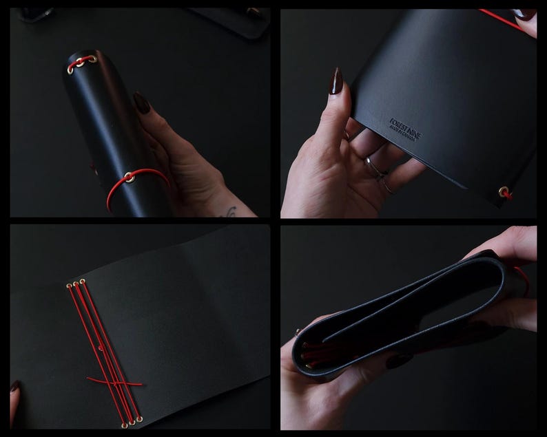 May include: Black leather journal with red stitching and accents. The journal is closed with a red elastic band and features gold-colored eyelets. The journal is shown open and closed, displaying the interior pages and exterior details.