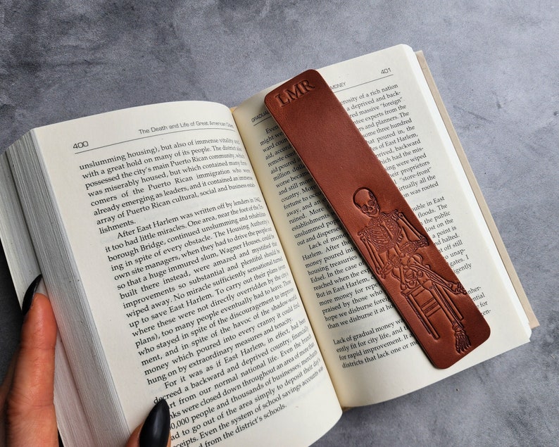 Skeleton reading a book, Custom Bookmark for book lover gift, Personalized Leather Bookmark, Bookish gifts for men with customized initial image 2