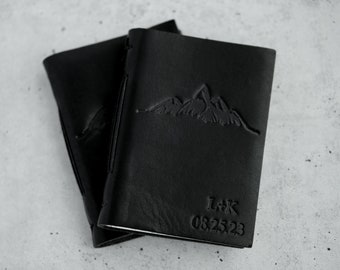 Personalized leather wedding vow books with mountains and custom name, date or initials - Gothic wedding theme / black and white