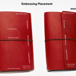 May include: Two red leather journal covers with black elastic closures. The image shows the embossing placement options: front, inside, upper right corner, front top center, front above elastic, vertical top, vertical middle, vertical bottom, front bottom right corner, front bottom center, upper left corner, and inside bottom left corner.