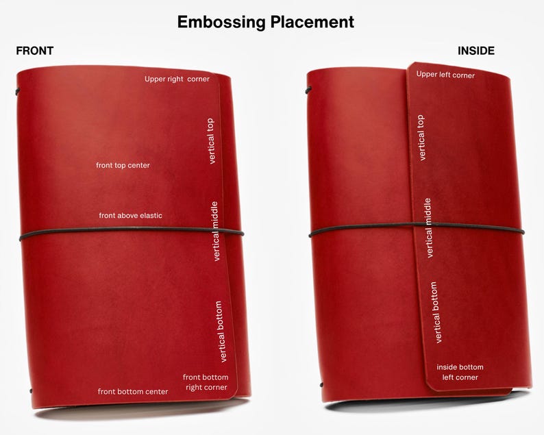 May include: Two red leather journal covers with black elastic closures. The image shows the embossing placement options: front, inside, upper right corner, front top center, front above elastic, vertical top, vertical middle, vertical bottom, front bottom right corner, front bottom center, upper left corner, and inside bottom left corner.
